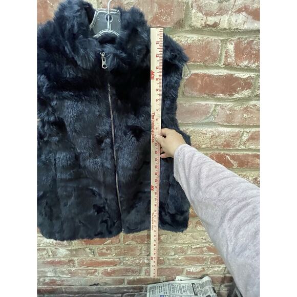 J Crew Faux Fur Vest Womens M Full Zip Navy Blue Pockets Satin Lining Mob Wife - Picture 4 of 10